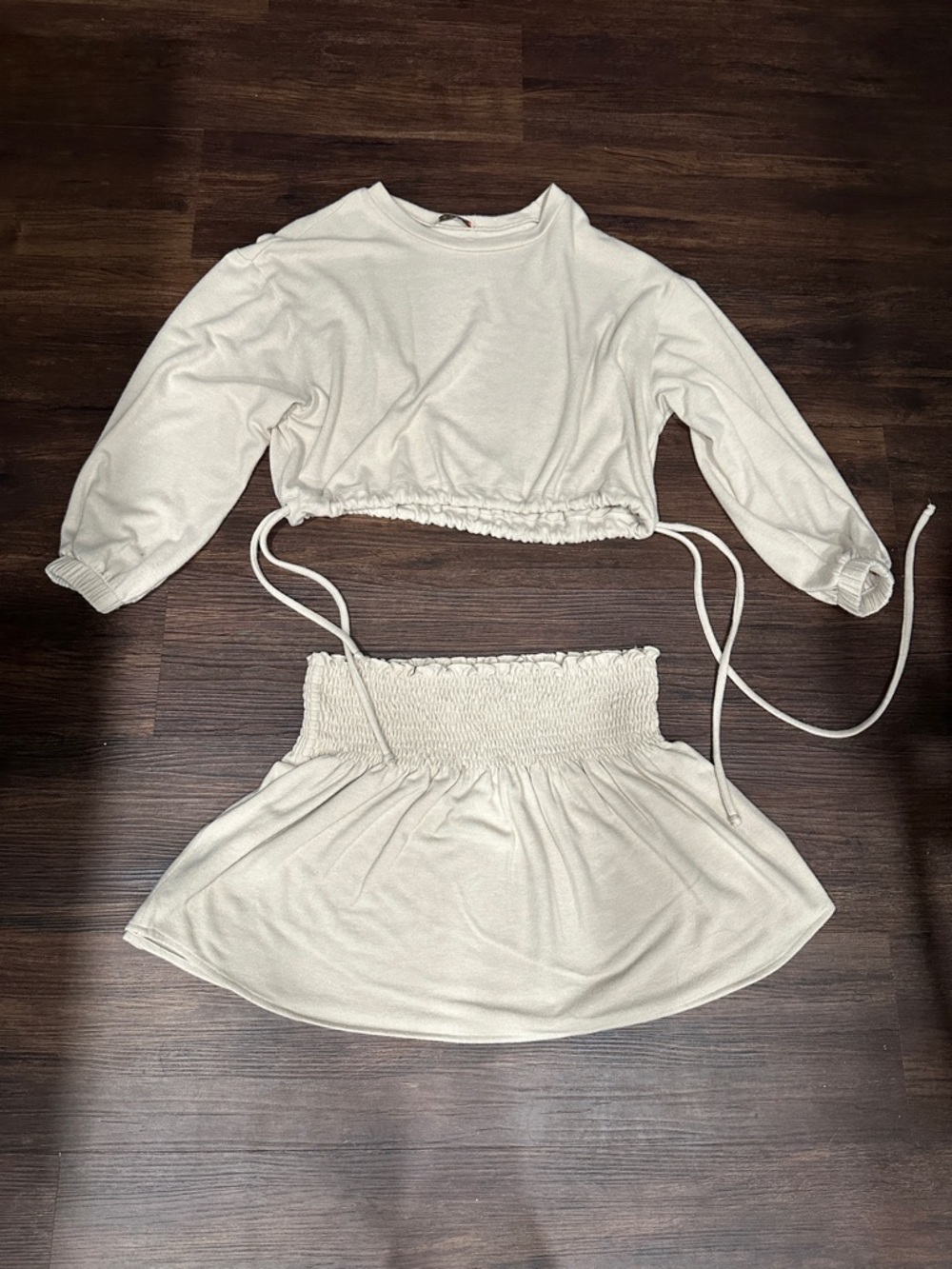 Stark x Cream Cropped Drawstring Top & Smocked Waist Mini Skirt Set